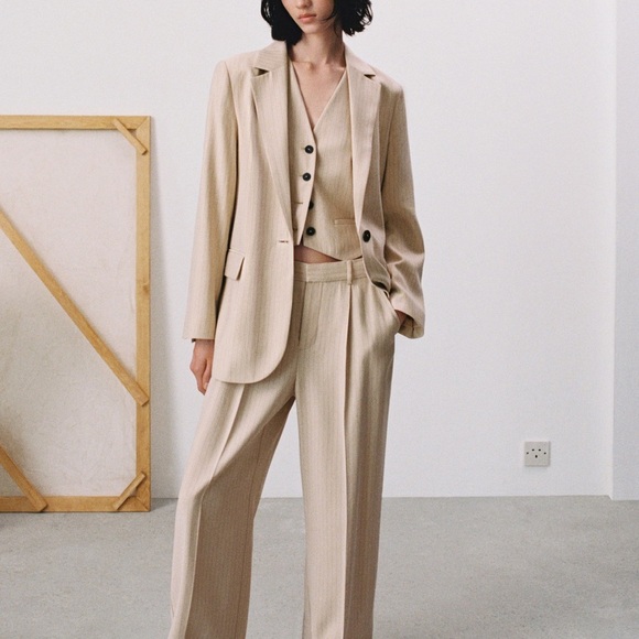 NWT MNG Mango Pinstripe Long Sleeve Single-Breasted Suit Blazer in Beige size L - Picture 7 of 16